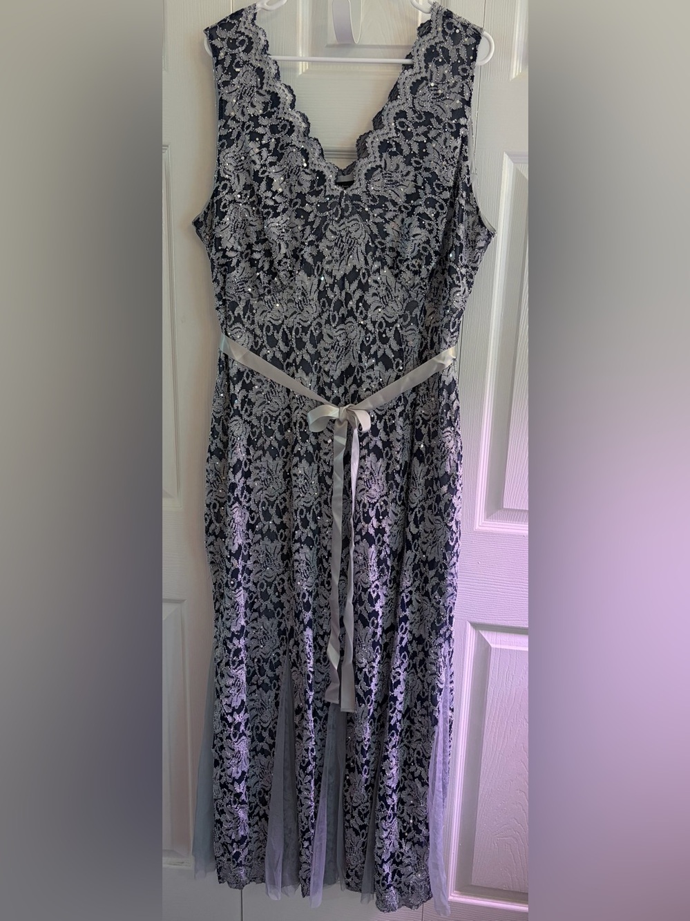 Elegant Navy Blue Evening Dress with Silver Lace Overlay and Sequins